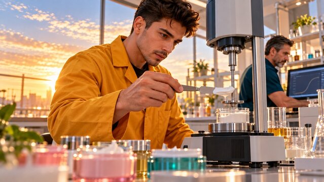 photorealistic male cosmetic chemist showing cream sample on spatula near rotational viscometer colleague blurred background low angle candid golden hour copy space