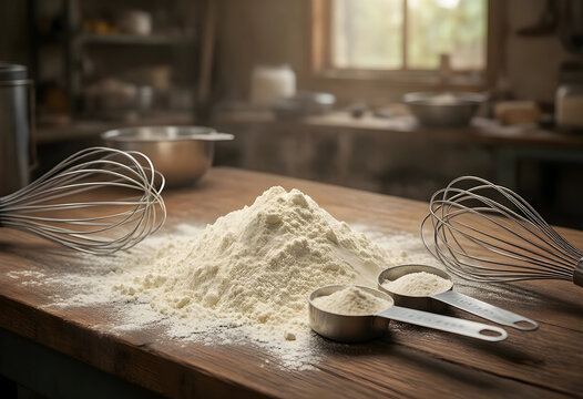 Baking and culinary preparation, heap of white flour with metal whisks and measuring cups on a rustic wooden kitchen table for homemade food recipes