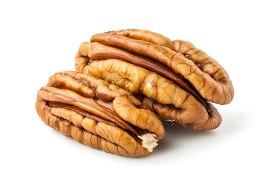 Two raw pecan nut halves isolated on white background