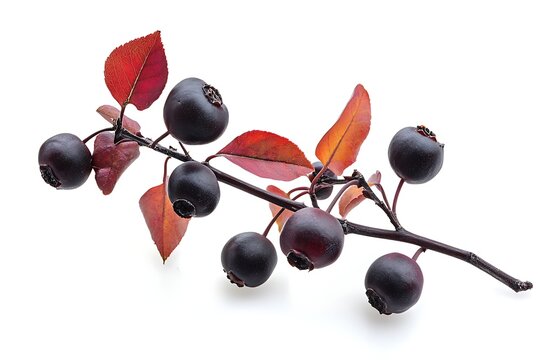 A branch of serviceberries with dark purple fruit and autumn leaves isolated on white background