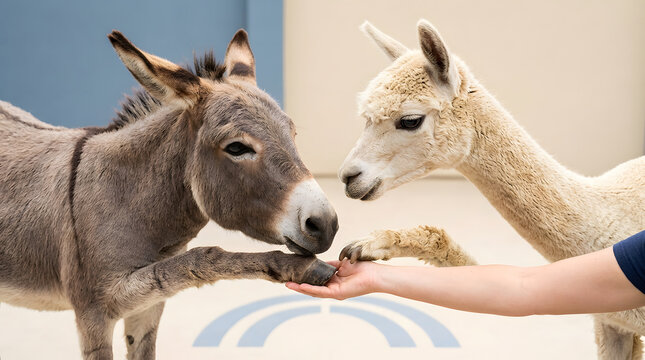 Donkey, alpaca and hand in petting zoo for animal therapy, wildlife interaction and nature tourism. Domestic mammals, farm pets and curious creatures with hoof, fur and touching human for care