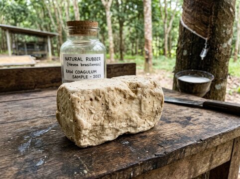 A block of natural rubber coagulum sits on a wooden table in a forested area, with a jar labeled 'Natural Rubber' and 'Raw Coagulum Sample' in the background. The scene is outdoors, with trees 