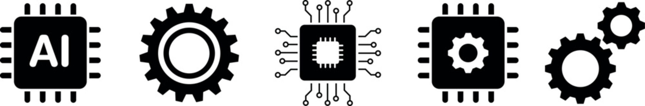 Artificial intelligence chip and gear icon set, CPU processor circuit technology vector icons