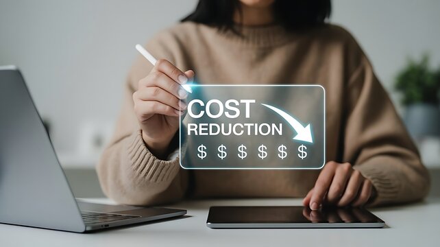 Cost reduction and financial optimization concept showing a person using modern technology to lower expenses and increase profit margins