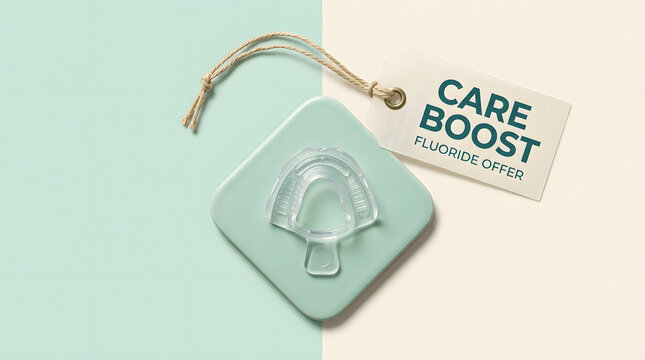 Dental care, fluoride and mouthpiece with tray for oral hygiene, health treatment and clinical procedure. Medical, dentist and tooth protection with care boost offer, dentistry and wellness service