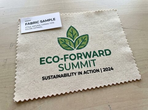 A fabric sample with a textured edge, featuring the logo and text for the 'Eco-Forward Summit' on a natural canvas tote. The sample is placed on a wooden surface, with a label indicating 