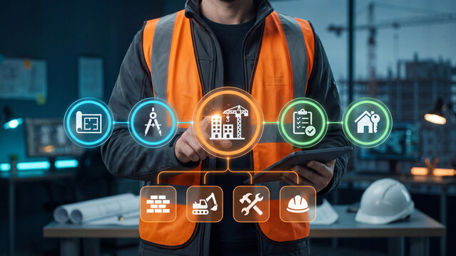 Construction engineer with tablet surrounded by glowing icons for crane, blueprints, compass and checklist. Concept of construction management, civil engineering and building project planning.