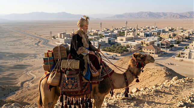 Wise man riding loaded camel on desert hill overlooking middle eastern city, arrival of three wise men, epiphany and christmas tradition concept