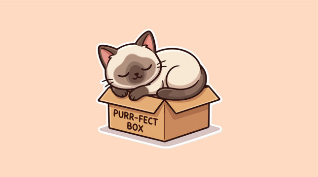 Cute siamese cat sleeping inside cardboard box vector illustration
