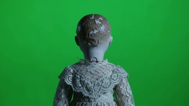 Halloween green screen: creepy porcelain doll head slowly turning, unsettling realistic, seamless loop overlay