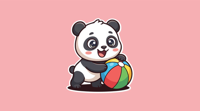 Cute baby panda playing with colorful beach ball vector illustration