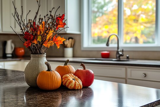 Autumn kitchen countertop decor with pumpkins and fall foliage