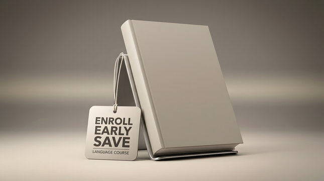 Language course, enrollment and discount with book for education, marketing and student learning. School, mockup and paper with text, promotional offer and save money for future study skills