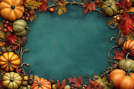 Autumnal frame with pumpkins and fall leaves on a teal background