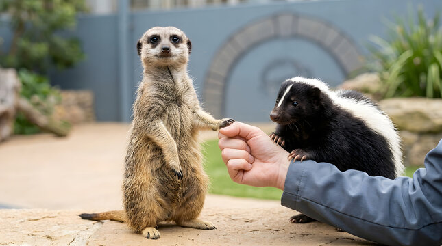Meerkat, skunk and hand with animal interaction in zoo for wildlife education, nature conservation and pet friendship. Exotic mammal, suricate and baby animals holding fingers with connection in park
