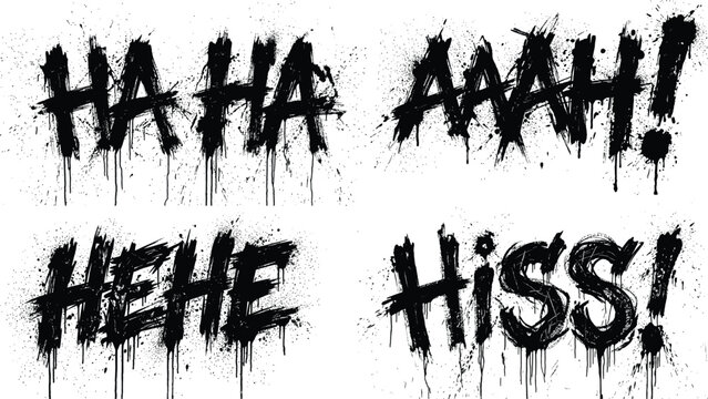 A collection of comic sound effects 'ha ha ' 'aaah ' 'hehe ' and 'hiss ' dramatic expressions isolated on transparent silhouette