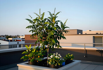 Fototapeta premium Urban gardening and sustainable living, potted plants on a modern rooftop terrace with city skyline background during golden hour sunset light