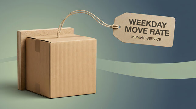 Moving service box, cardboard package and price tag for weekday rate, logistics and delivery business. Shipping, relocation and parcel with label, offer and storage for household transport solution