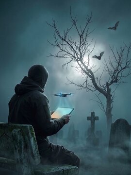 Hooded ghost hunter with tablet and drone in foggy graveyard at night under bare tree and bats, Halloween concept. 