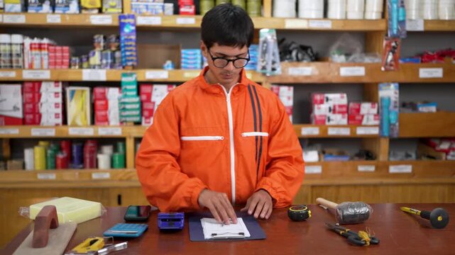 Young latin male employee working at the counter of a hardware store, checking tools and taking notes