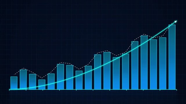 Digital financial growth bar chart with rising arrow line, blue stock market data analytics graph, business profit success trend infographic background