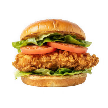 crispy chicken sandwich with lettuce and tomatoes on a toasted bun.