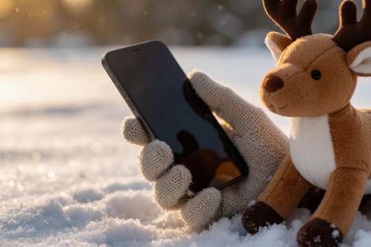 Gloved hand holding a smartphone next to a plush reindeer toy in a snowy landscape, perfect for holiday Christmas photo shoots.