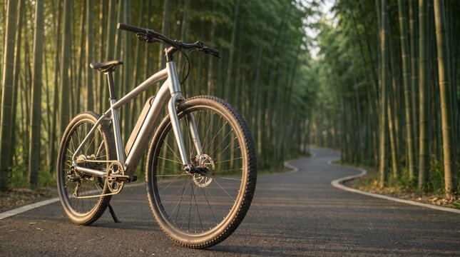 Electric Bicycle on a Scenic Road Through a Bamboo Forest at Golden Hour