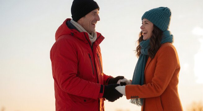 Joyful couple walking in a winter park during golden hour, sharing a laugh while holding hands, evoking a festive Christmas mood.