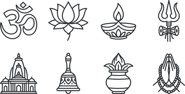 Hinduism Religious Symbols Icon Set Featuring Om Lotus Diya Trishula Temple Bell Kalash and Namaste Hands