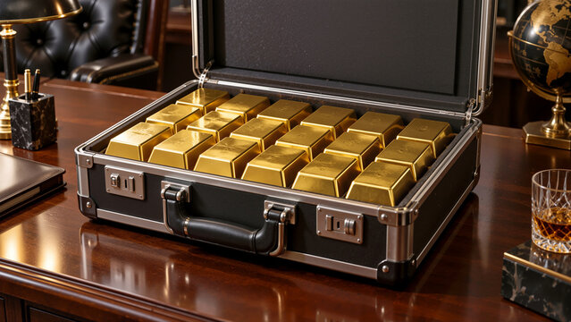 Open Briefcase Full of Shiny Gold Bullion Bars on Luxury Executive Wooden Desk