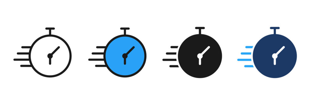 Quick time icon set. Stopwatch speed timer icon set.Time management stopwatch. speed and efficiency concepts. Vector line, flat glyph and blue clock icons collection