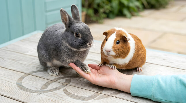 Rabbit, guinea pig and hand on wooden table for pet care, friendship and animal bond. Small animals, fluffy bunny and cavy with owner in garden for domestic interaction, feeding and vet health clinic