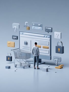 Online Shopping Security: A person stands before a computer screen surrounded by icons representing security, locks, and credit cards, symbolizing online shopping safety and digital transactions.