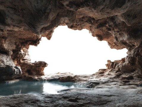 Cave Entrance with Water Pool: The rocky maw of a cave opens to a bright, white expanse, with a still pool of water reflecting the rough-hewn textures of the subterranean rock formations.