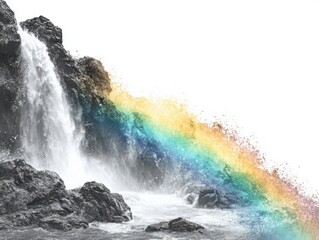 Obraz premium Waterfall and Rainbow Illusion: A dynamic cascade of water plunges over rocky terrain, with a vibrant rainbow forming in the mist, creating a mesmerizing optical effect.