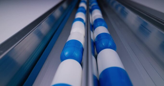 Probe view blue and white capsule rows on stainless conveyor in pharmaceutical production line for packaging medical.