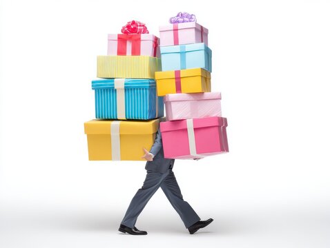 Man Carrying Stack of Gift Boxes: A businessman struggles to balance a precarious tower of colorful gift boxes, each tied with a ribbon, as he walks across a plain background.