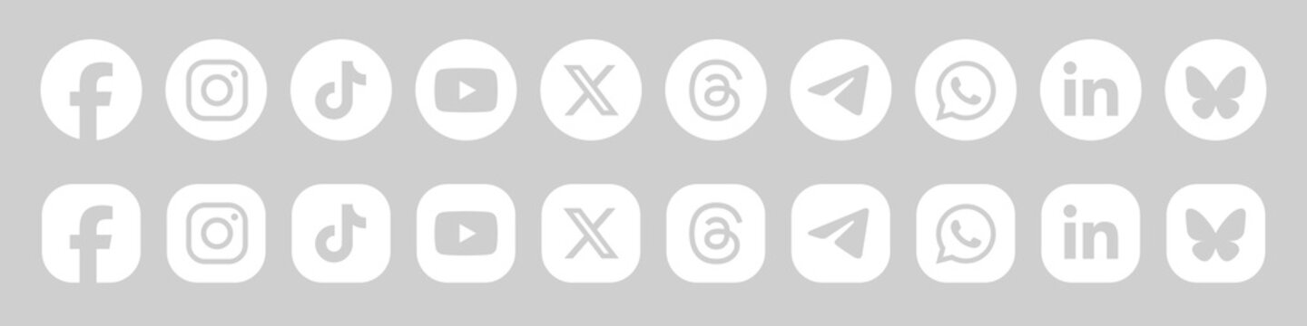 Social media logos in white circles and squares button, popular 2026 social media icons set