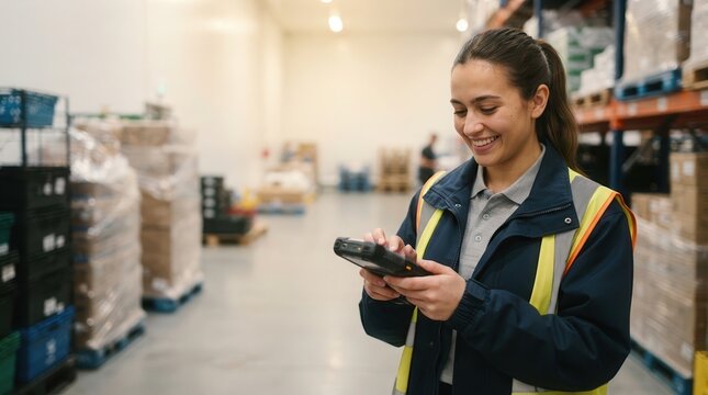 Woman Recording Timestamps with Handheld Scanner in Warehouse