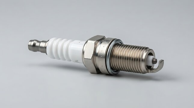 Automotive spark plug showing ceramic insulator and metallic thread elements on neutral background.