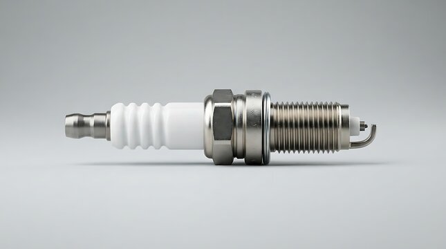 Single new spark plug with white ceramic insulator ribbing and silver steel thread in side view.