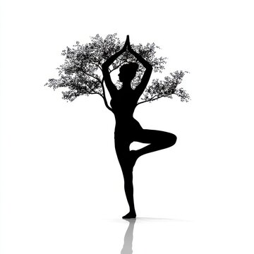 Silhouette of a woman doing yoga in Vrksasana pose with a tree behind her