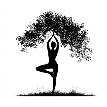 Silhouette of Woman in Tree Pose Under Tree: A black silhouette of a woman gracefully balances in the tree pose of yoga, beneath the sprawling branches of a stylized tree, symbolizing growth.
