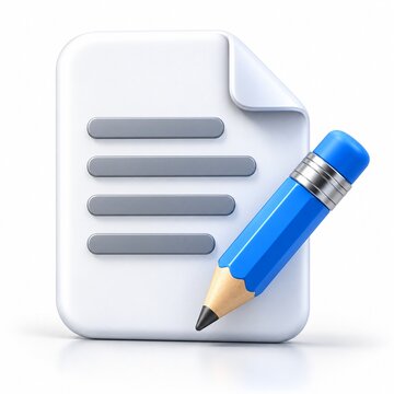 Pencil and document icon in a glossy three dimensional rendering