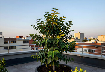 Fototapeta premium Urban gardening and sustainability, potted tree on a rooftop terrace with city skyline background at sunset for green architecture and eco living