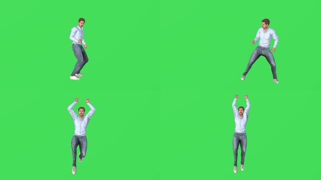 Man raising hands up in surrender or celebration in 4 angles on green screen chroma key