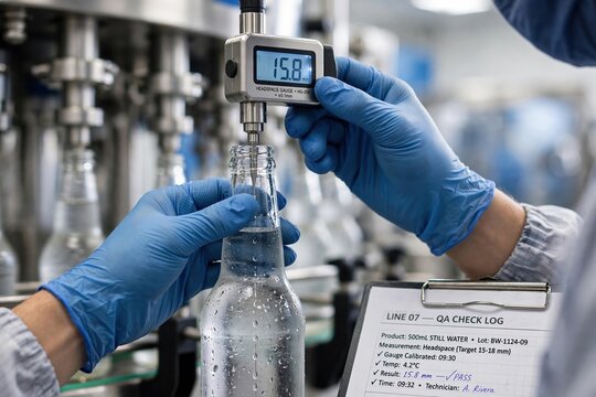 Technician in Blue Gloves Measuring Headspace of Glass Water Bottle with Digital Gauge on Beverage Bottling Production Line