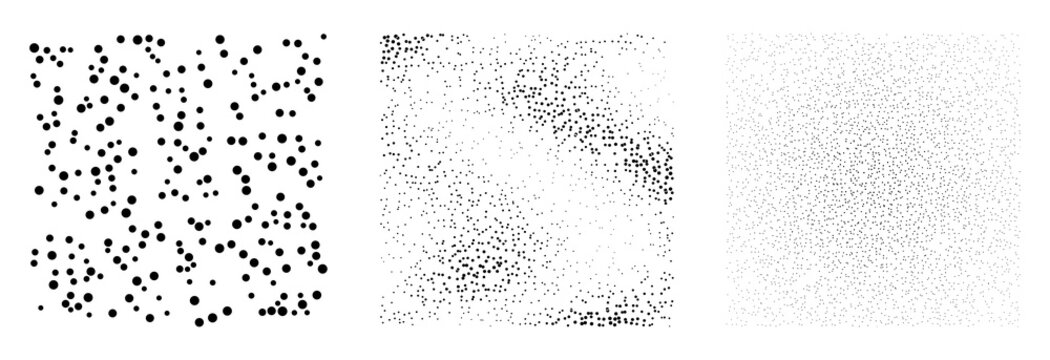 Set of three abstract dot texture patterns with random and gradient distributions isolated on transparent background