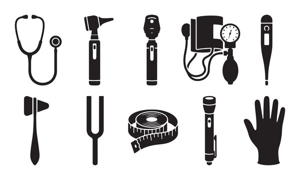 Set of black silhouette representing common medical diagnostic tools and healthcare equipment including stethoscope, otoscope, ophthalmoscope, pressure cuff, and thermometer
